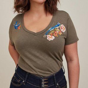 Olive Color Sparrow Embroidery Tee Torrid Size 00